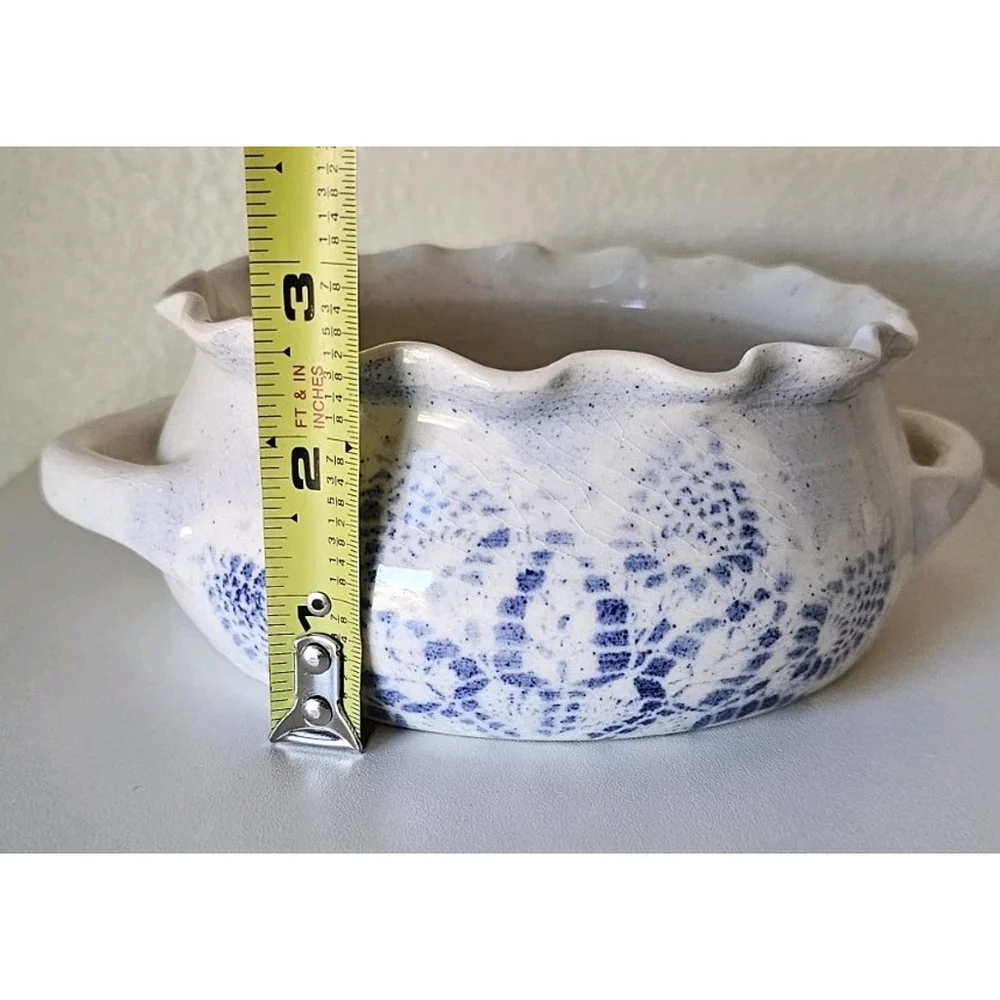 Ruffle Edge Artisan Ceramic Dish With Doily Impression Blue and White Design
